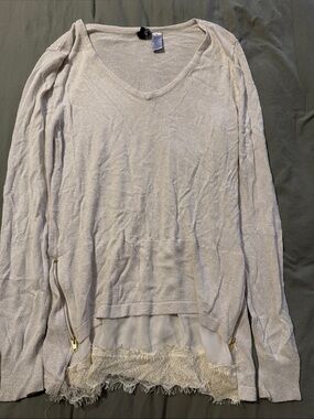 Buckle Cream V-Neck Lace-Hem Sweater with Gold Zippers & Sparkles